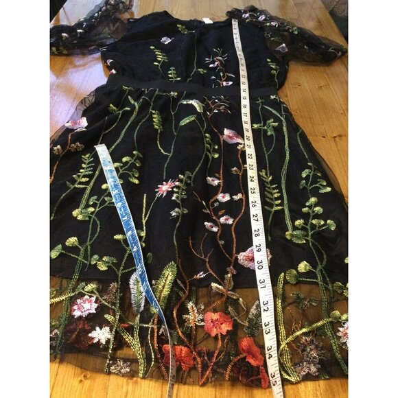 Black Floral Embroidered Dress Size M Long Mesh Sleeves Whimsigoth Fairygrunge - Picture 13 of 13